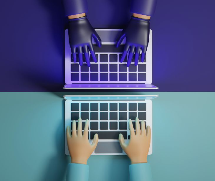 hands of a user and a hacker on two computer laptops