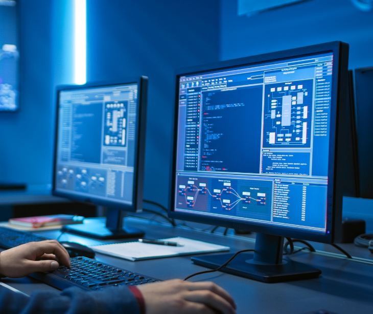 an employee working on software design at computer monitor