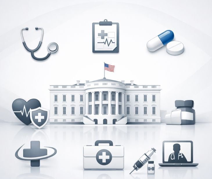 white house surrounded by healthcare icons