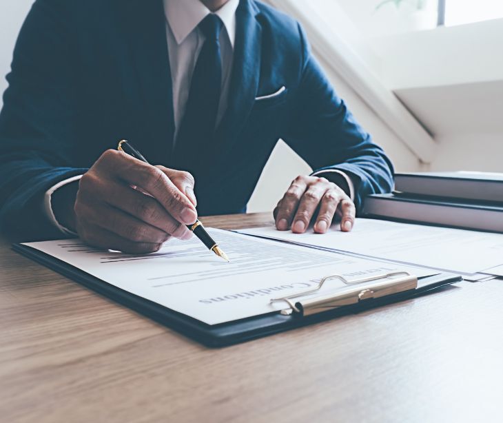 Image of someone looking at documents with a pen. 