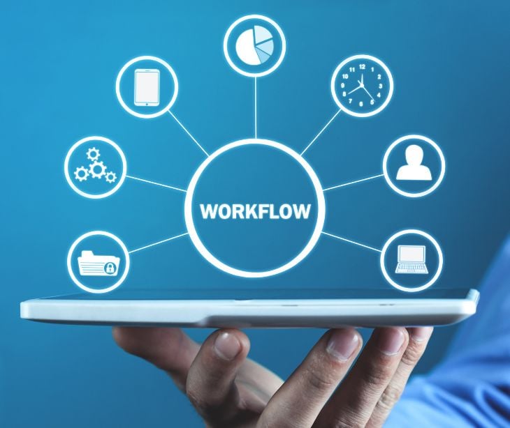 floating digital icons and workflow text