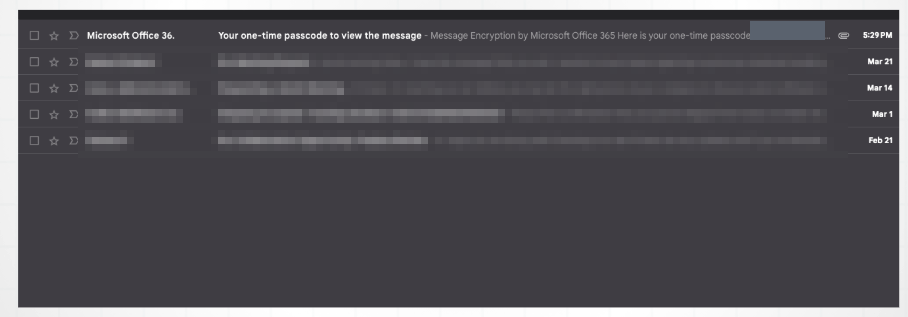 Email inbox showing the Microsoft 365 one-time passcode message at the top of the list