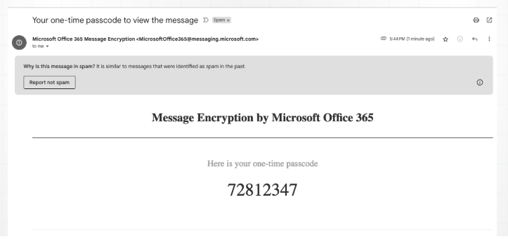 Microsoft 365 one-time passcode email delivered to the spam folder with the eight-digit code displayed