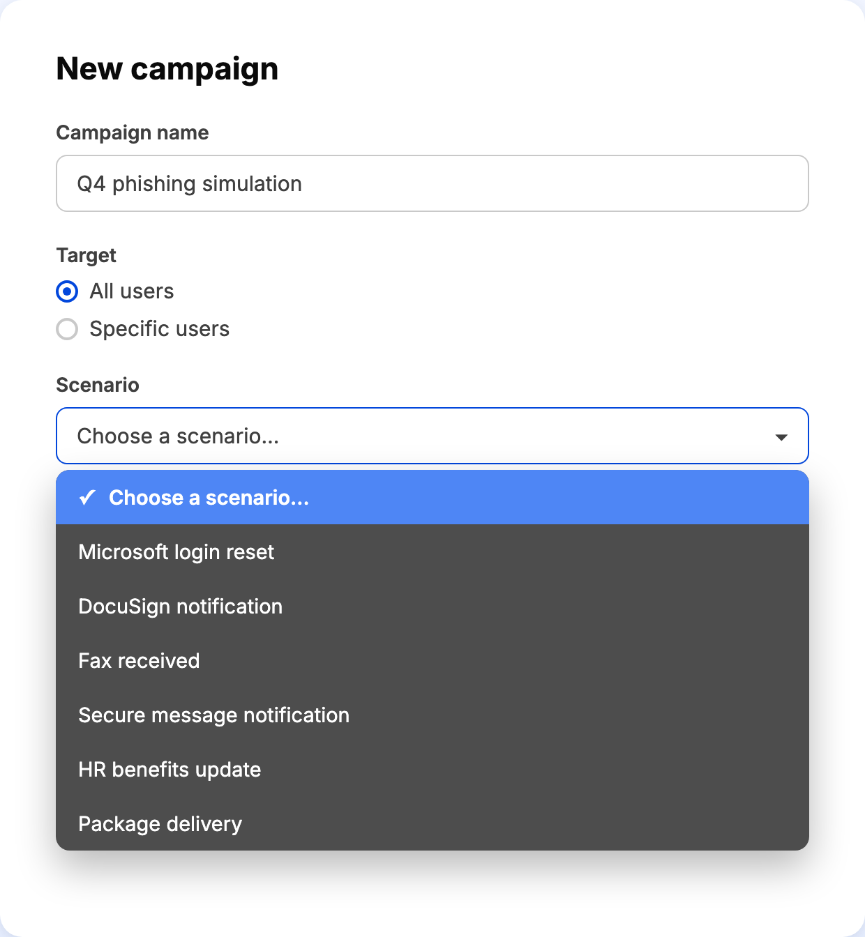 New campaign scenario picker showing six built-in phishing scenarios