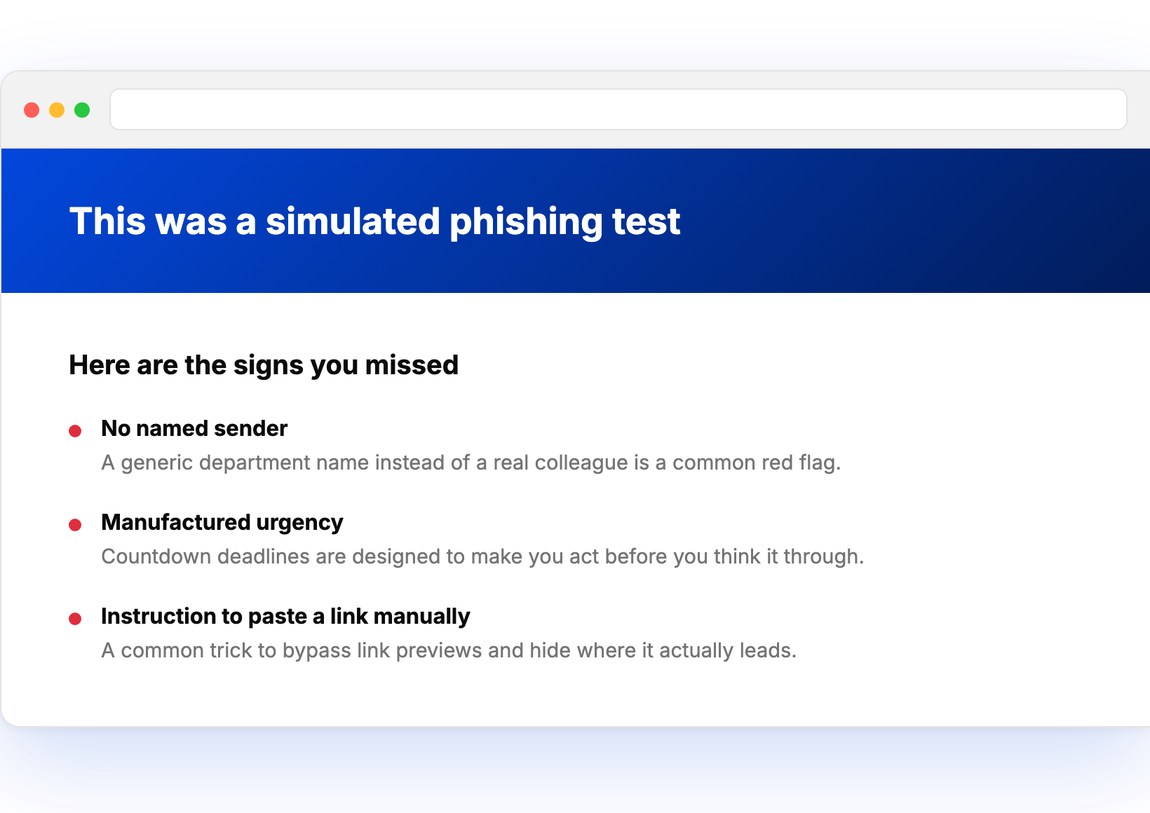 Employee training page shown after a simulated phishing click, explaining the signs they missed