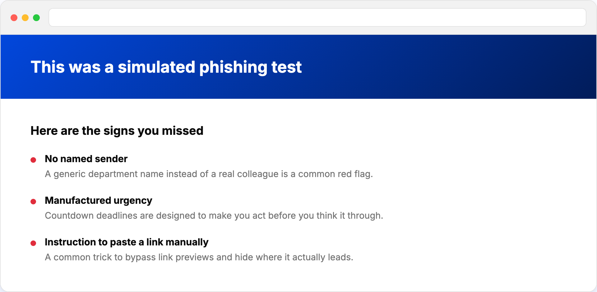 Employee training page shown after a simulated phishing click, explaining the signs they missed